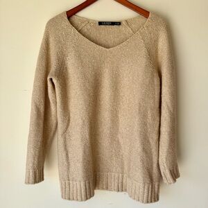 Lauren by Ralph Lauren Womens Cream V-Neck Sweater M Fisherman Core Cottage Core